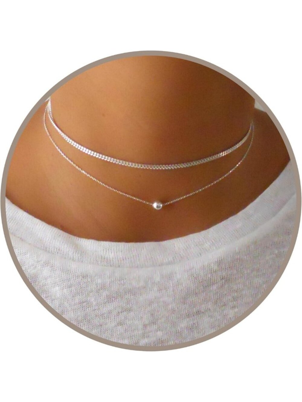 Stylish Set of 2 Silver Choker Necklaces - Ball & Curb Chain, Waterproof Gift